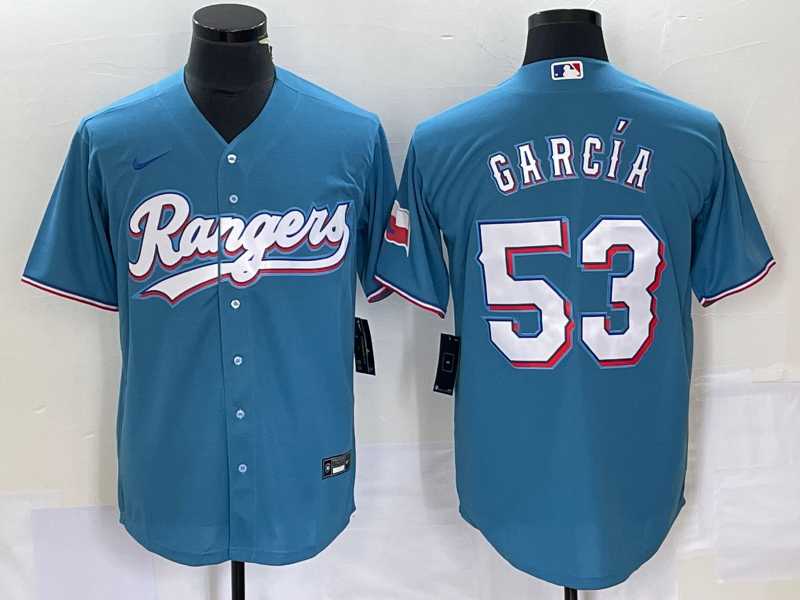 Mens Texas Rangers #53 Adolis Garcia Light Blue With Patch Cool Base Stitched Baseball Jersey->texas rangers->MLB Jersey